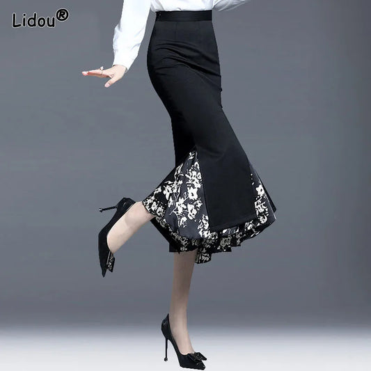 Black Hip Mermaid Skirt Office Lady Blended Floral Mid-calf Women&#39;s Clothing Skinny Empire Ruffles Medium Strech Temperament