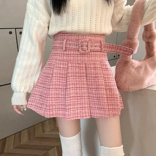 Lucyever Korean Fashion with Belt Pleated Skirts Women All-Match Pink High Waist Mini Skirts 2023 New Street Plaid Skirts Woman